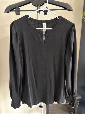 Women's Black Long-Sleeve Top with Smocked Cuffs